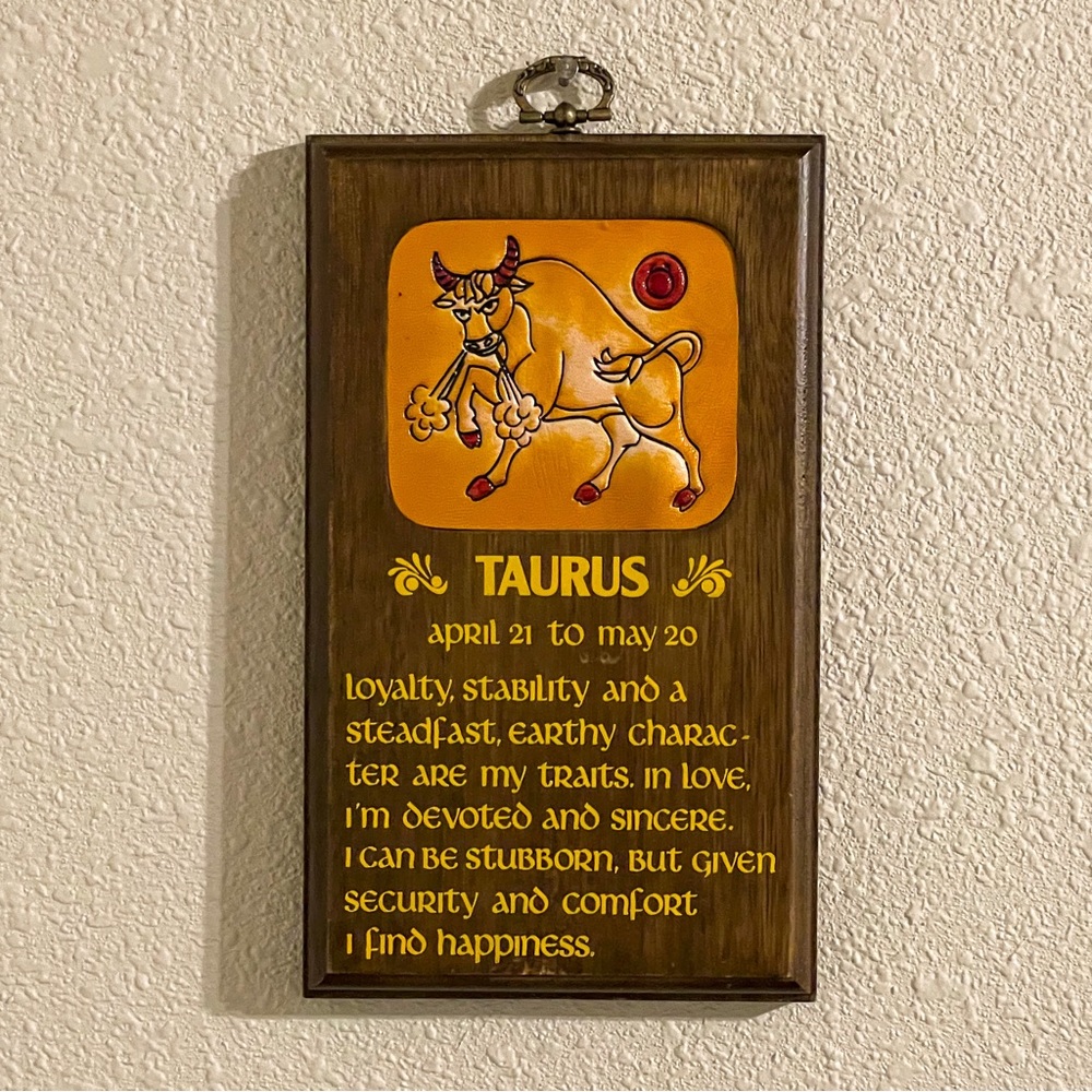 Vintage Wood and Leather Zodiac Taurus Plaque